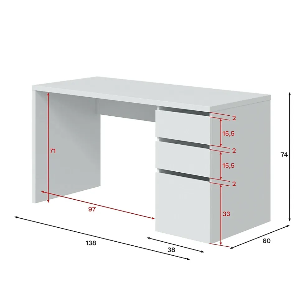 Bureau Alko, Bureau réversible avec 3 tiroirs, Table de bureau multi-positions gain de place, 138x60h74 cm, Blanc