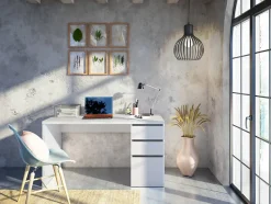 Bureau Alko, Bureau réversible avec 3 tiroirs, Table de bureau multi-positions gain de place, 138x60h74 cm, Blanc