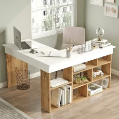 Bureau Altin, Pupitre polyvalent, Table de bureau pour PC, Plan de travail, 129x120h72 cm, Chêne et Blanc