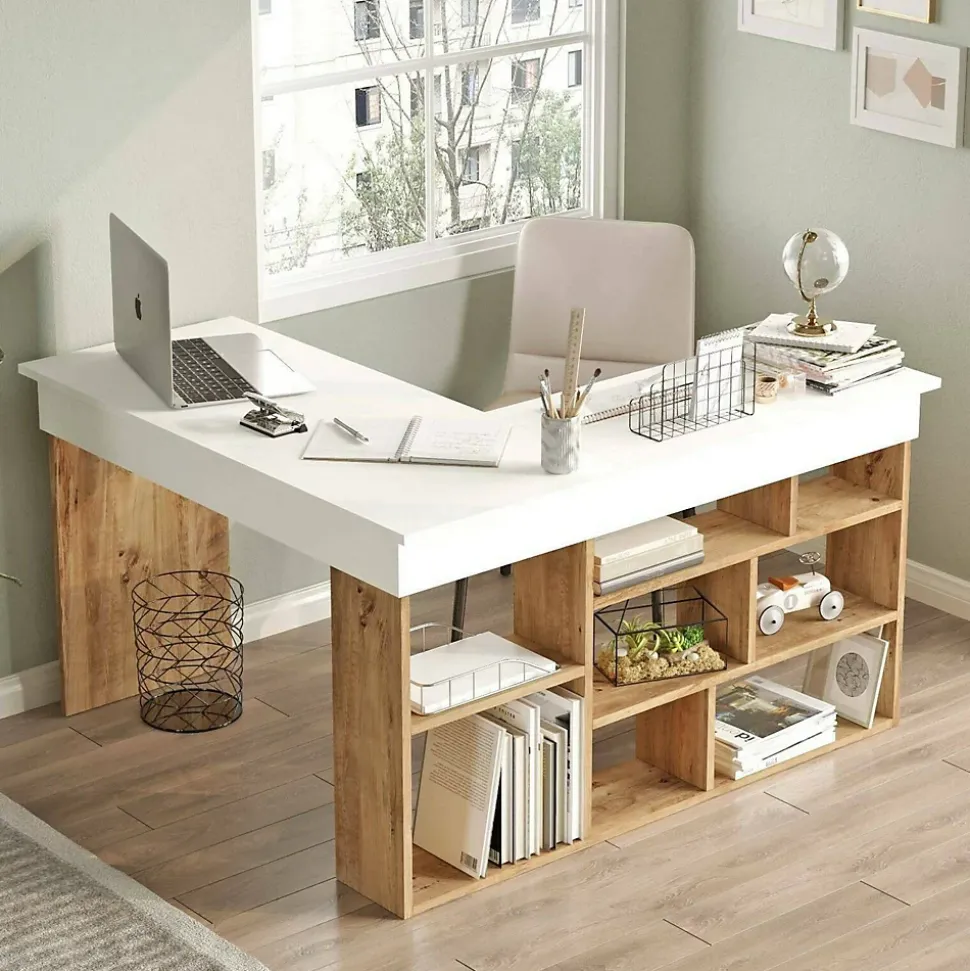 Bureau Altin, Pupitre polyvalent, Table de bureau pour PC, Plan de travail, 129x120h72 cm, Chêne et Blanc