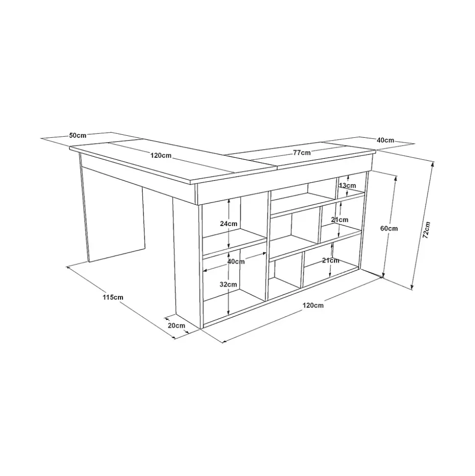 Bureau Altin, Pupitre polyvalent, Table de bureau pour PC, Plan de travail, 129x120h72 cm, Chêne et Blanc