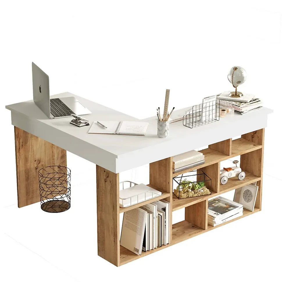 Bureau Altin, Pupitre polyvalent, Table de bureau pour PC, Plan de travail, 129x120h72 cm, Chêne et Blanc