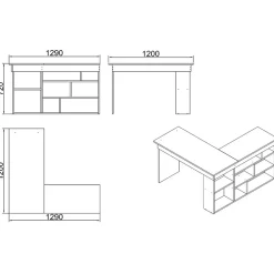 Bureau Altin, Pupitre polyvalent, Table de bureau pour PC, Plan de travail, 129x120h72 cm, Chêne et Blanc