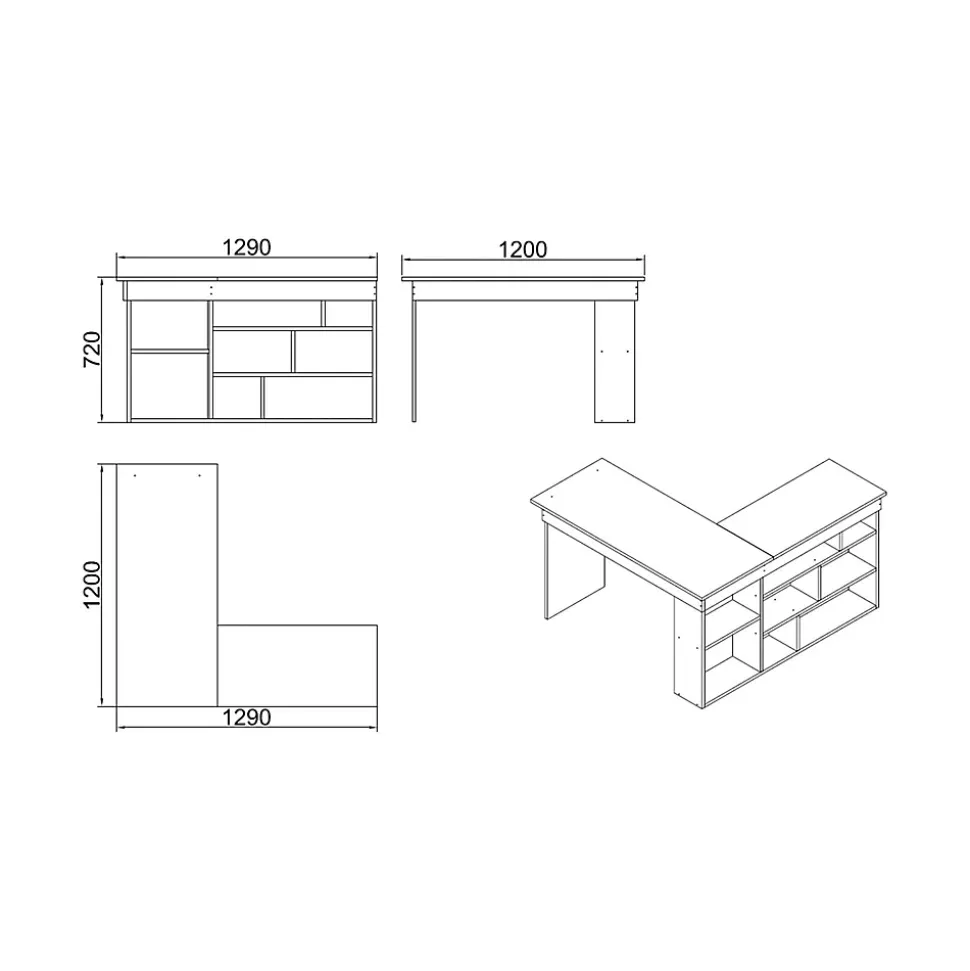 Bureau Altin, Pupitre polyvalent, Table de bureau pour PC, Plan de travail, 129x120h72 cm, Chêne et Blanc