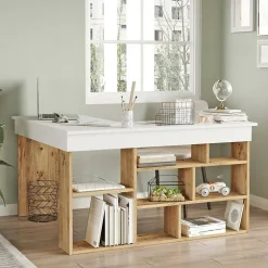Bureau Altin, Pupitre polyvalent, Table de bureau pour PC, Plan de travail, 129x120h72 cm, Chêne et Blanc
