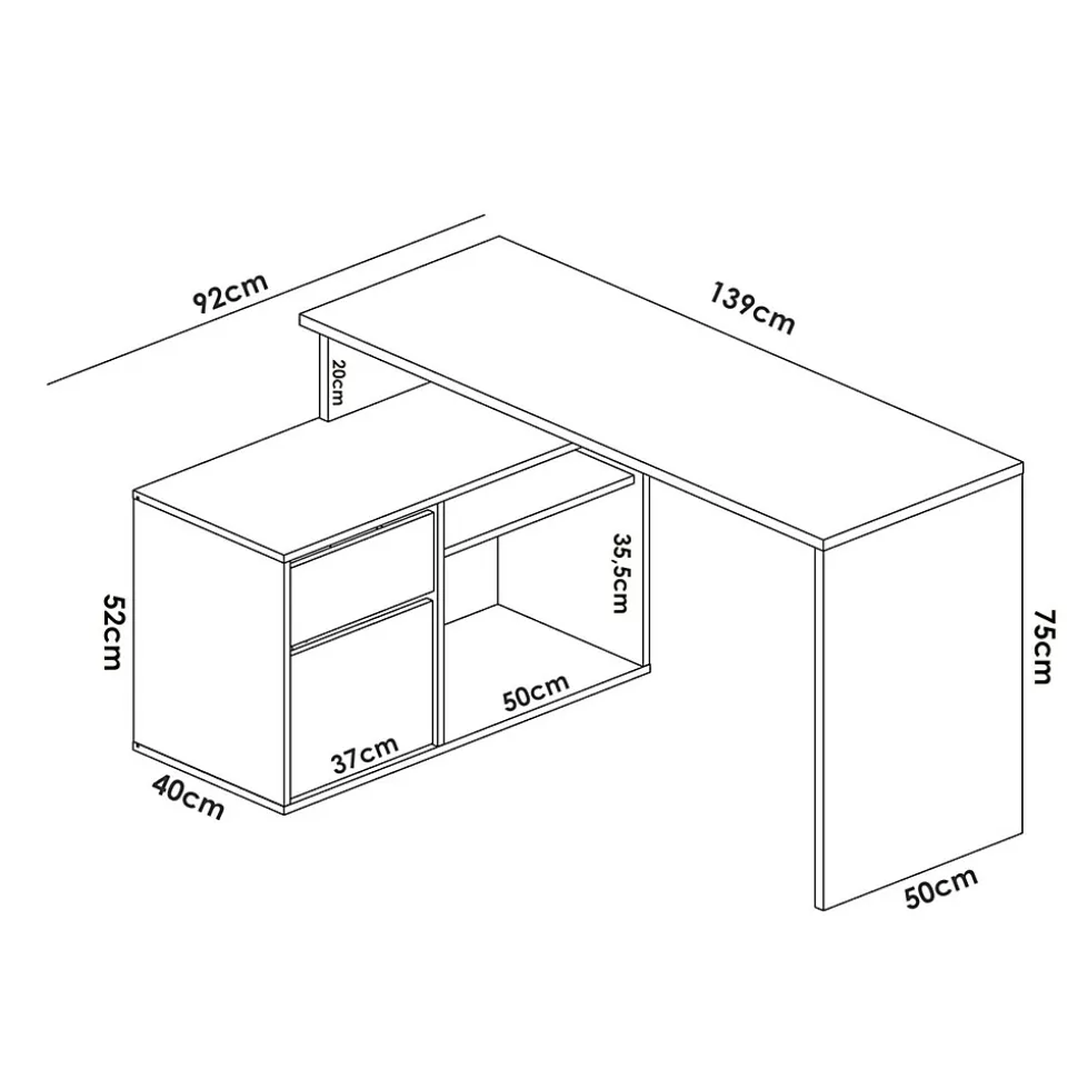 Bureau Andor, Bureau multi-positions pour le bureau ou la chambre, Table d'étude d'angle polyvalente, 139x92h75 cm, Blanc et Chêne