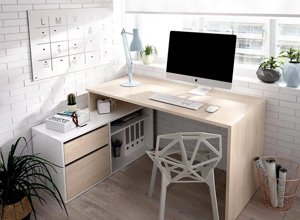 Bureau Andor, Bureau multi-positions pour le bureau ou la chambre, Table d'étude d'angle polyvalente, 139x92h75 cm, Blanc et Chêne