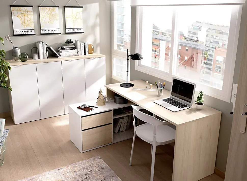 Bureau Andor, Bureau multi-positions pour le bureau ou la chambre, Table d'étude d'angle polyvalente, 139x92h75 cm, Blanc et Chêne