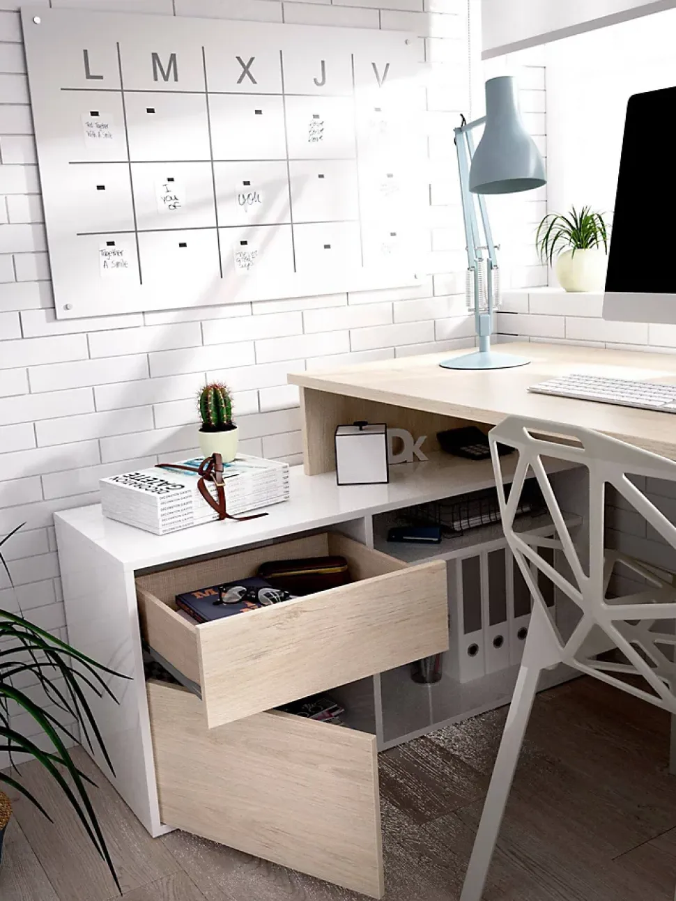 Bureau Andor, Bureau multi-positions pour le bureau ou la chambre, Table d'étude d'angle polyvalente, 139x92h75 cm, Blanc et Chêne