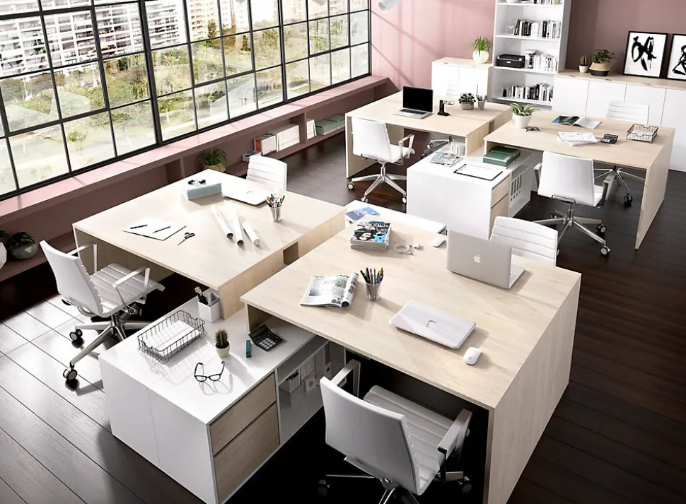 Bureau Andor, Bureau multi-positions pour le bureau ou la chambre, Table d'étude d'angle polyvalente, 139x92h75 cm, Blanc et Chêne