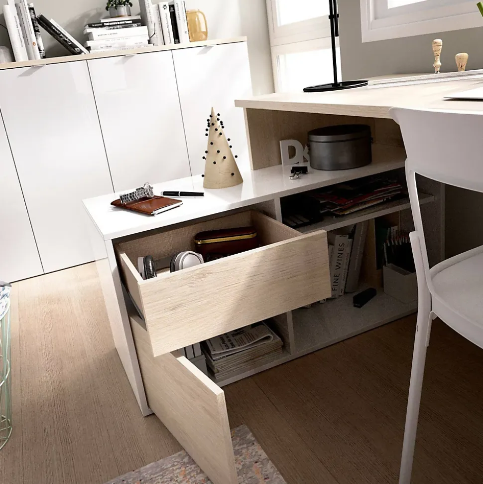 Bureau Andor, Bureau multi-positions pour le bureau ou la chambre, Table d'étude d'angle polyvalente, 139x92h75 cm, Blanc et Chêne
