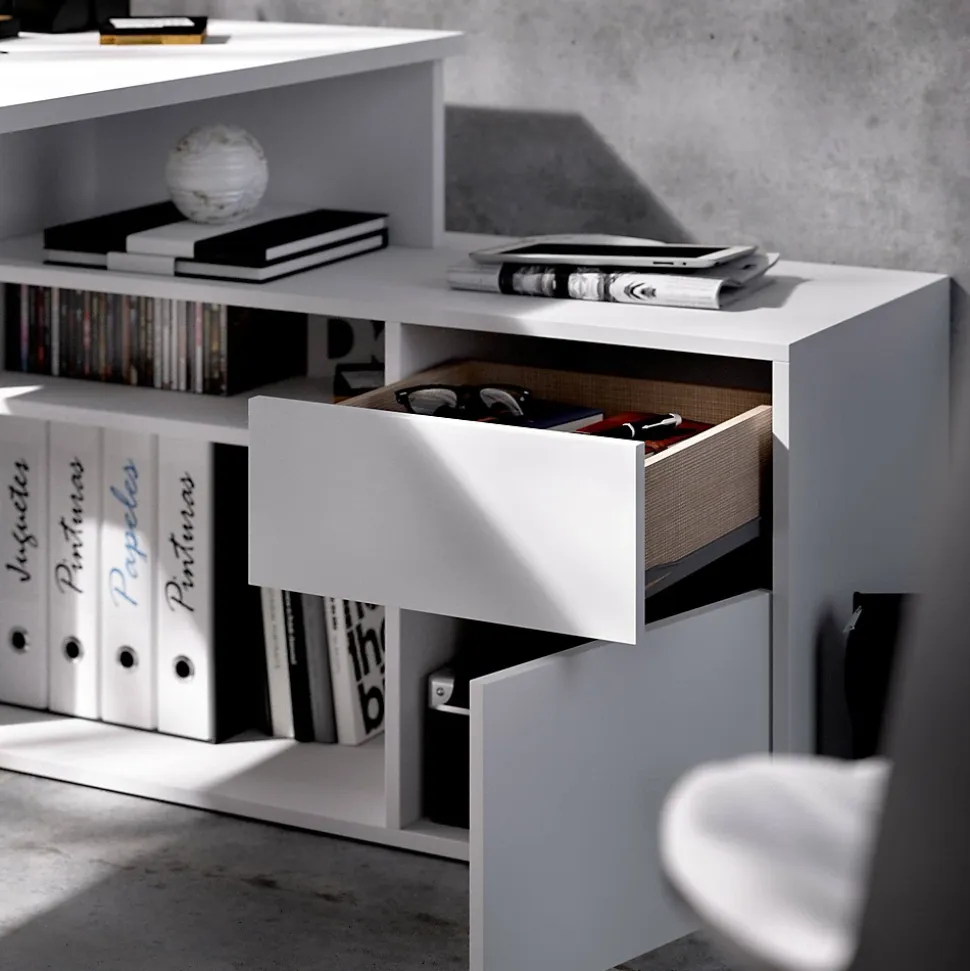Bureau Andor, Bureau multi-positions pour le bureau ou la chambre, Table d'étude d'angle polyvalente, 139x92h75 cm, Blanc