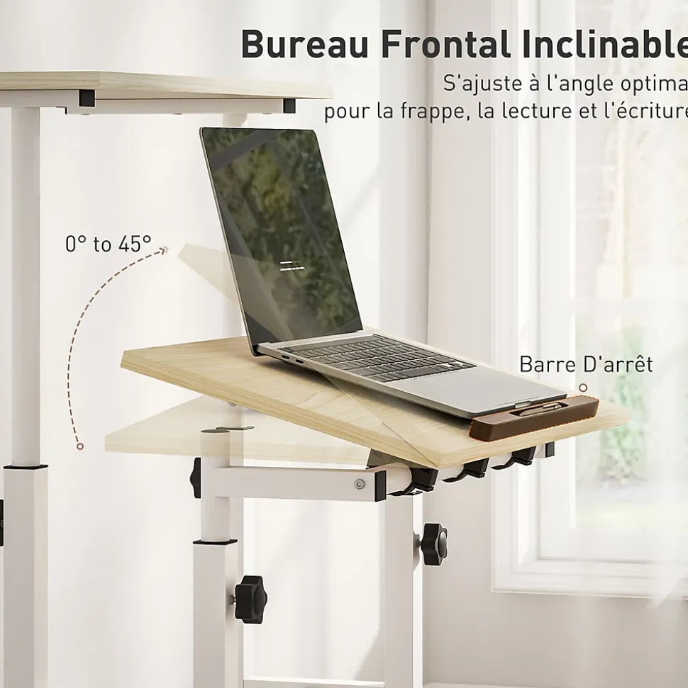 Bureau assis debout inclinable réglable H.70,5-120 cm mobile 2 plateaux métal blanc effet bois clair