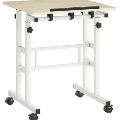 Bureau assis debout inclinable réglable H.70,5-120 cm mobile 2 plateaux métal blanc effet bois clair