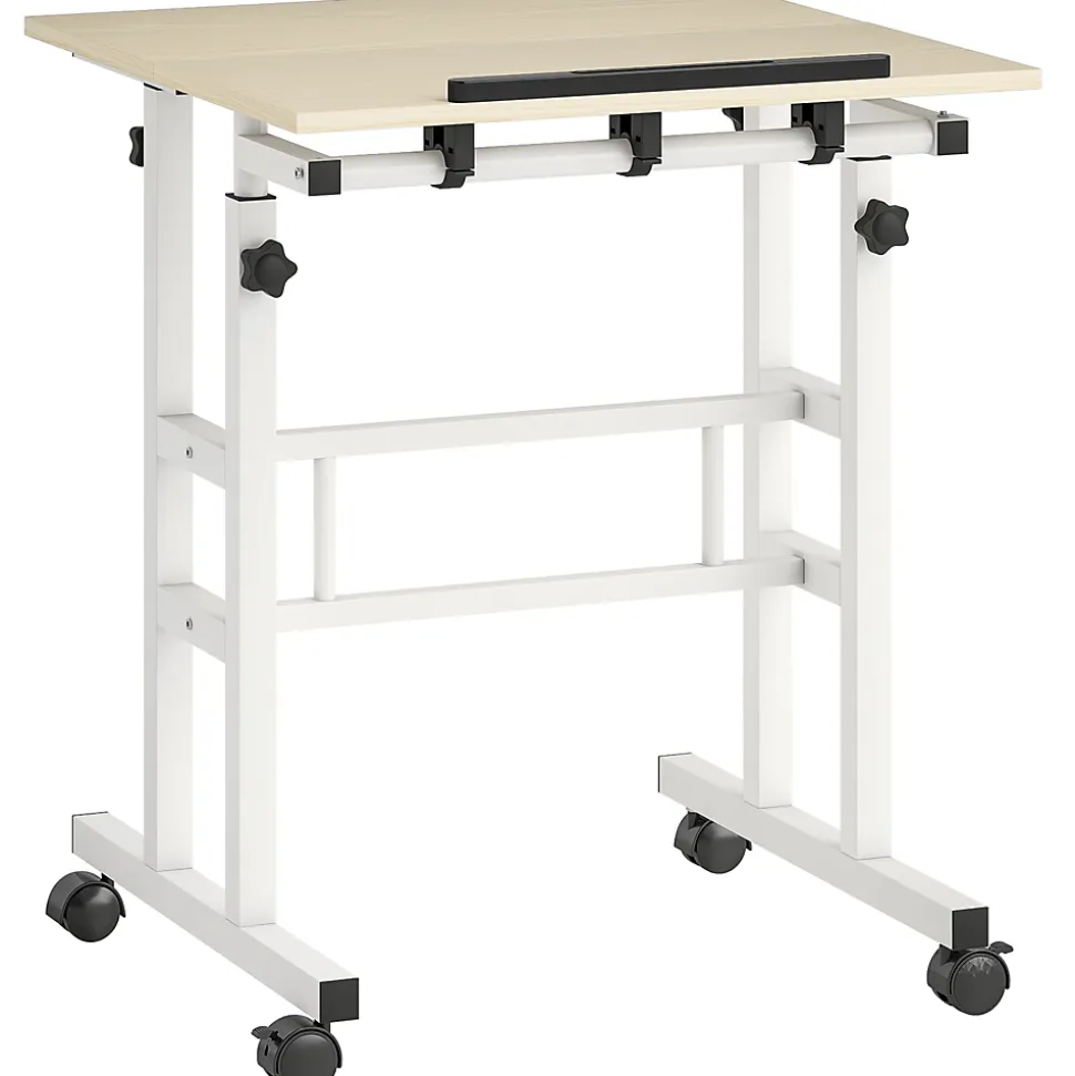 Bureau assis debout inclinable réglable H.70,5-120 cm mobile 2 plateaux métal blanc effet bois clair