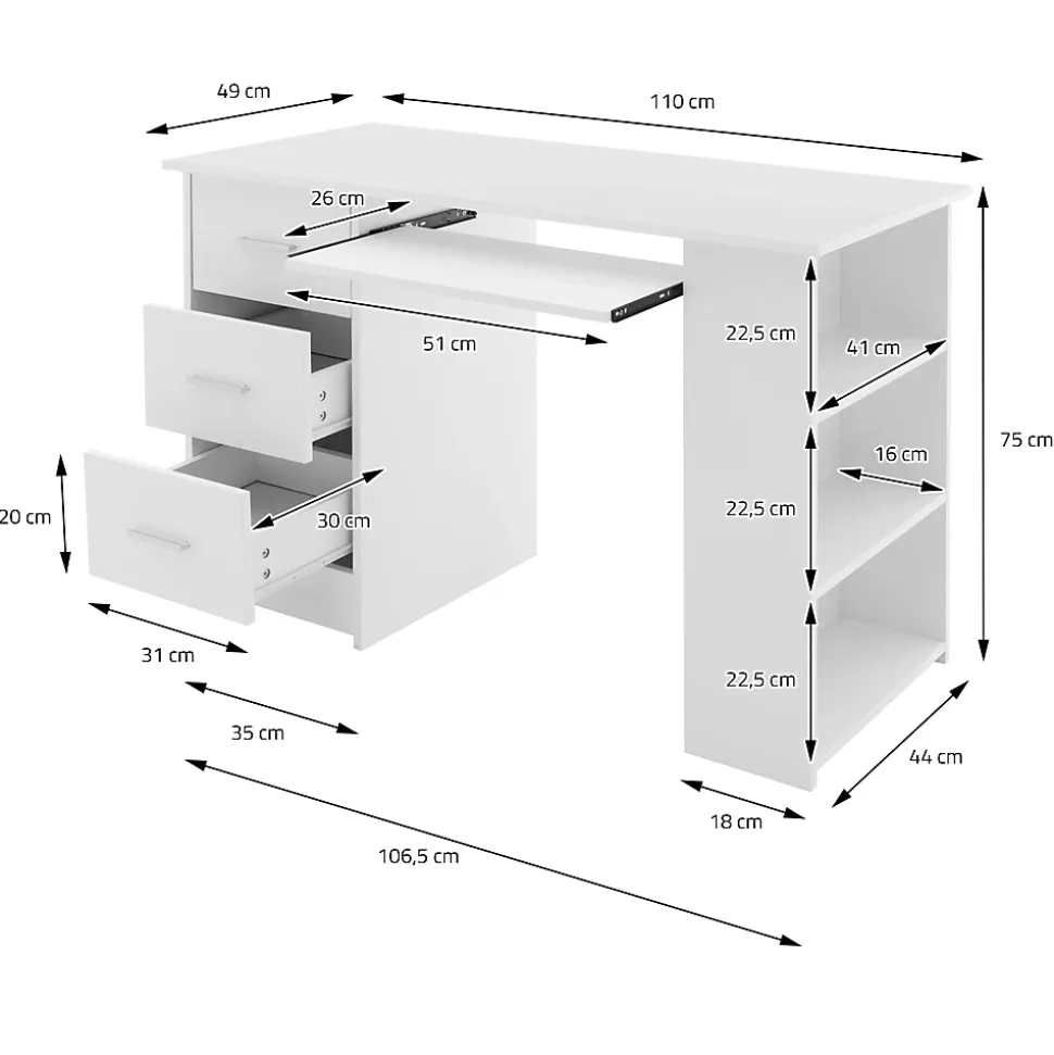 Bureau avec 3 étagères de rangement bureau pour PC blanc système 2 en 1 moderne