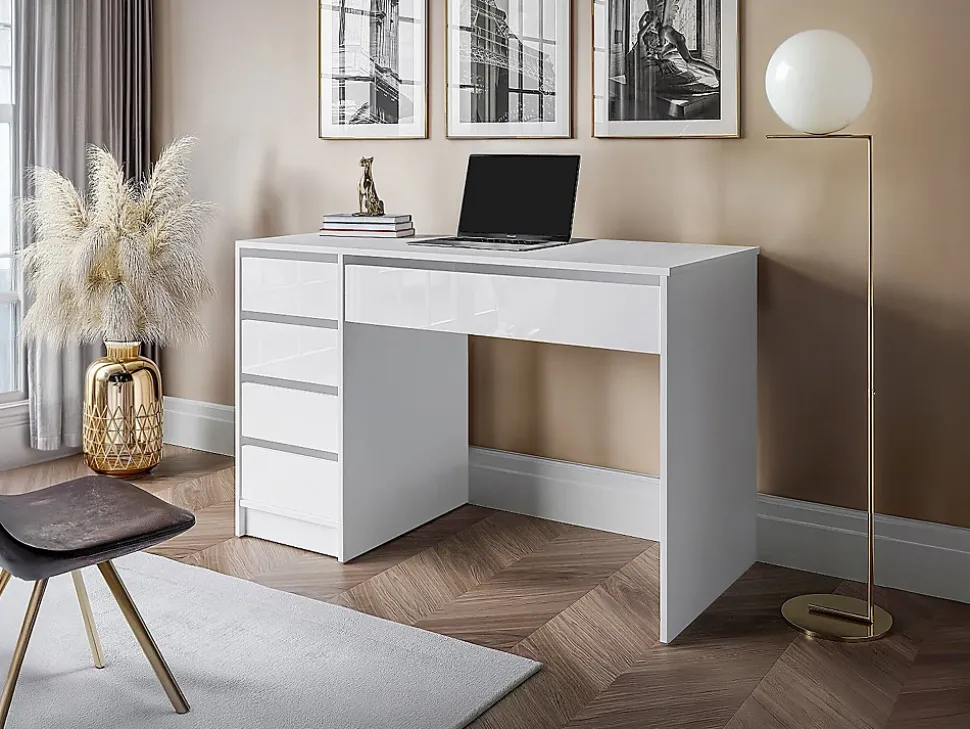 Bureau avec 5 tiroirs - Blanc brillant - JENEMI