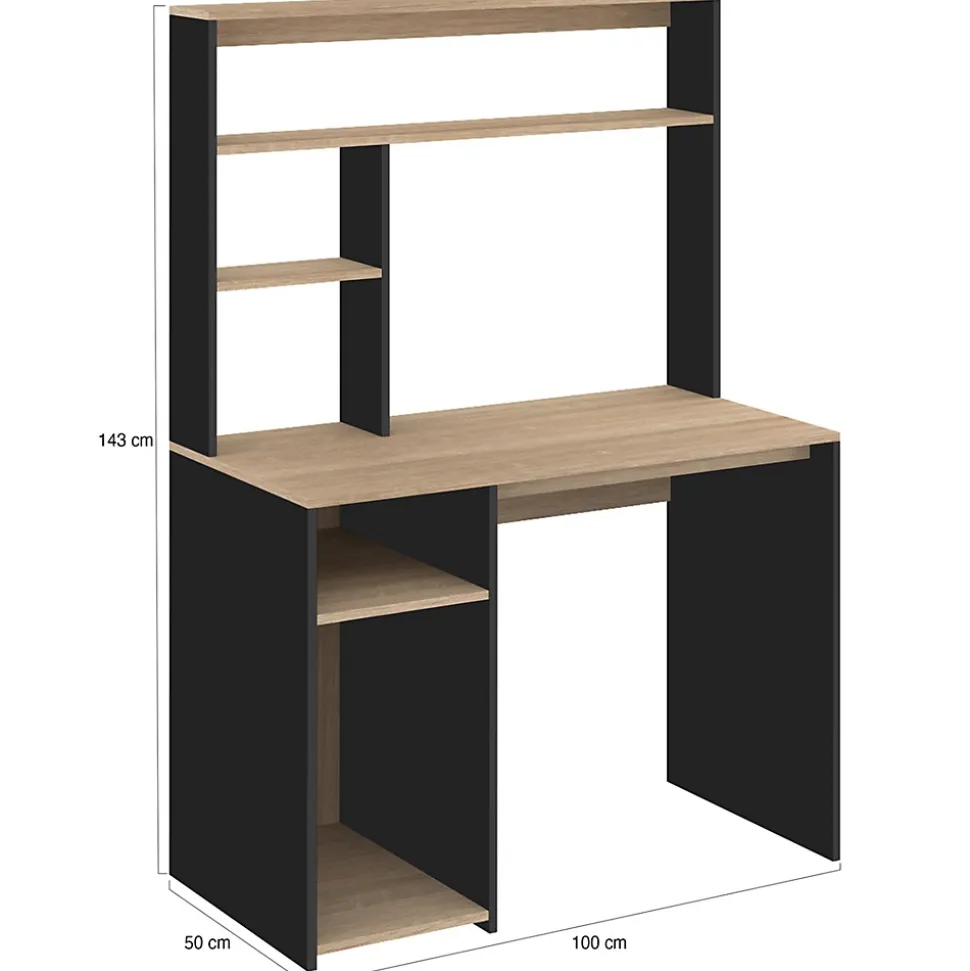 Bureau avec étagères de rangement DAN noir et façon hêtre