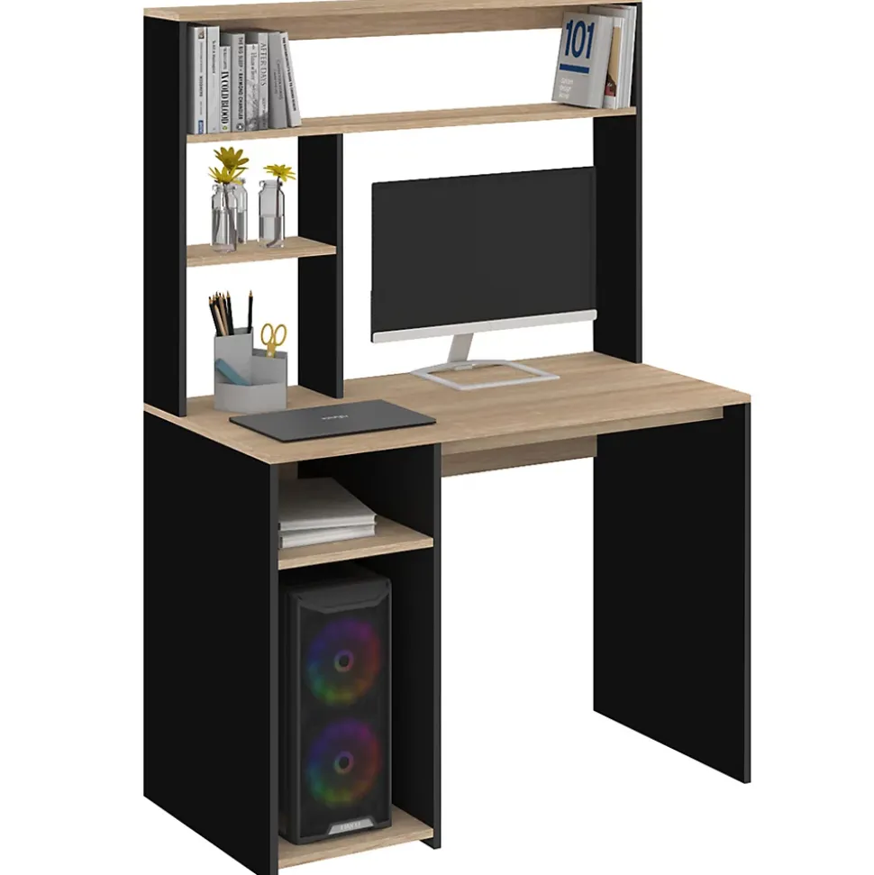 Bureau avec étagères de rangement DAN noir et façon hêtre
