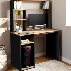 Bureau avec étagères de rangement DAN noir et façon hêtre