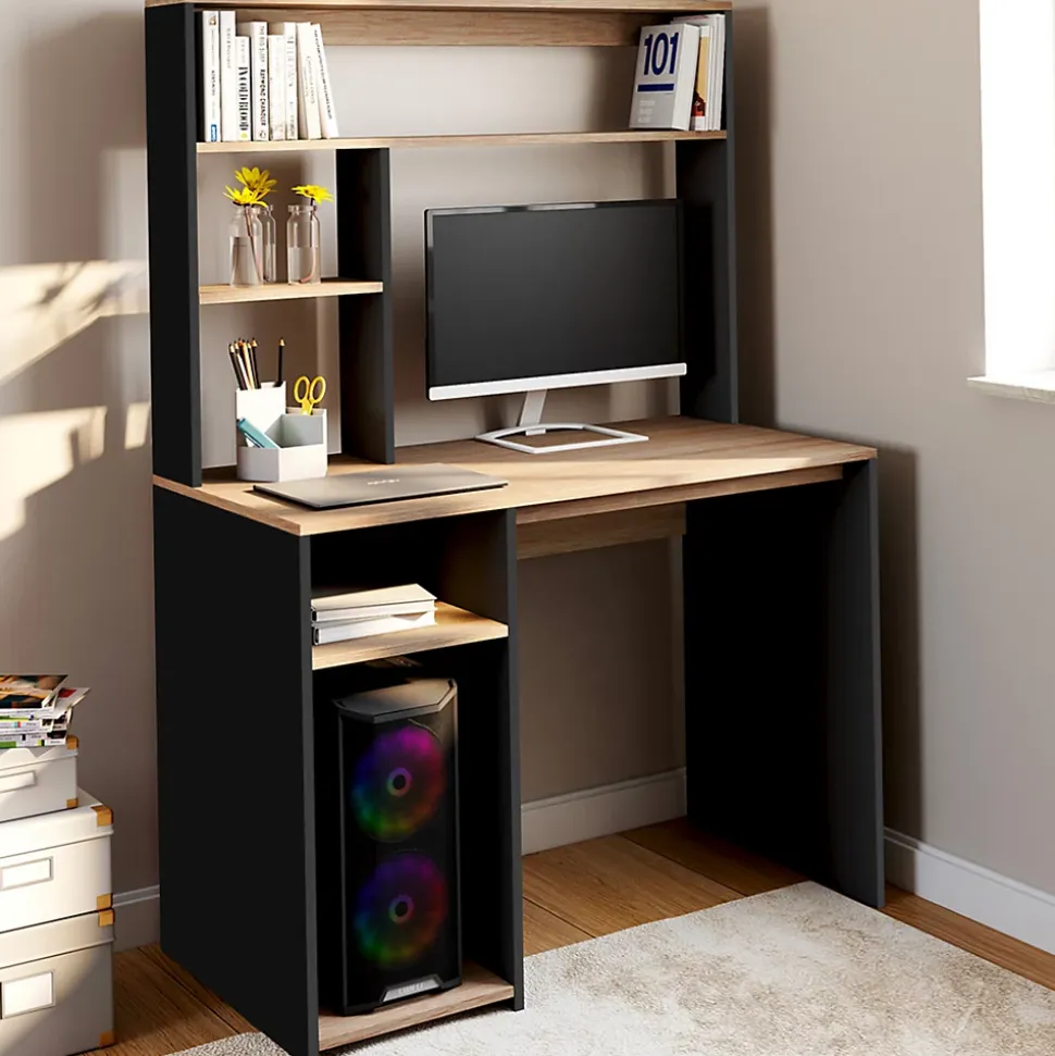 Bureau avec étagères de rangement DAN noir et façon hêtre