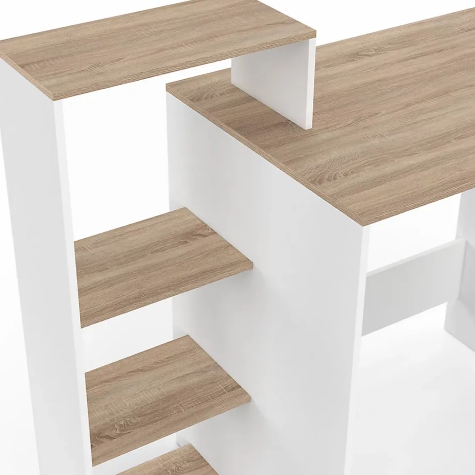 Bureau avec étagères modulables latérales LILIAN bois façon hêtre et blanc