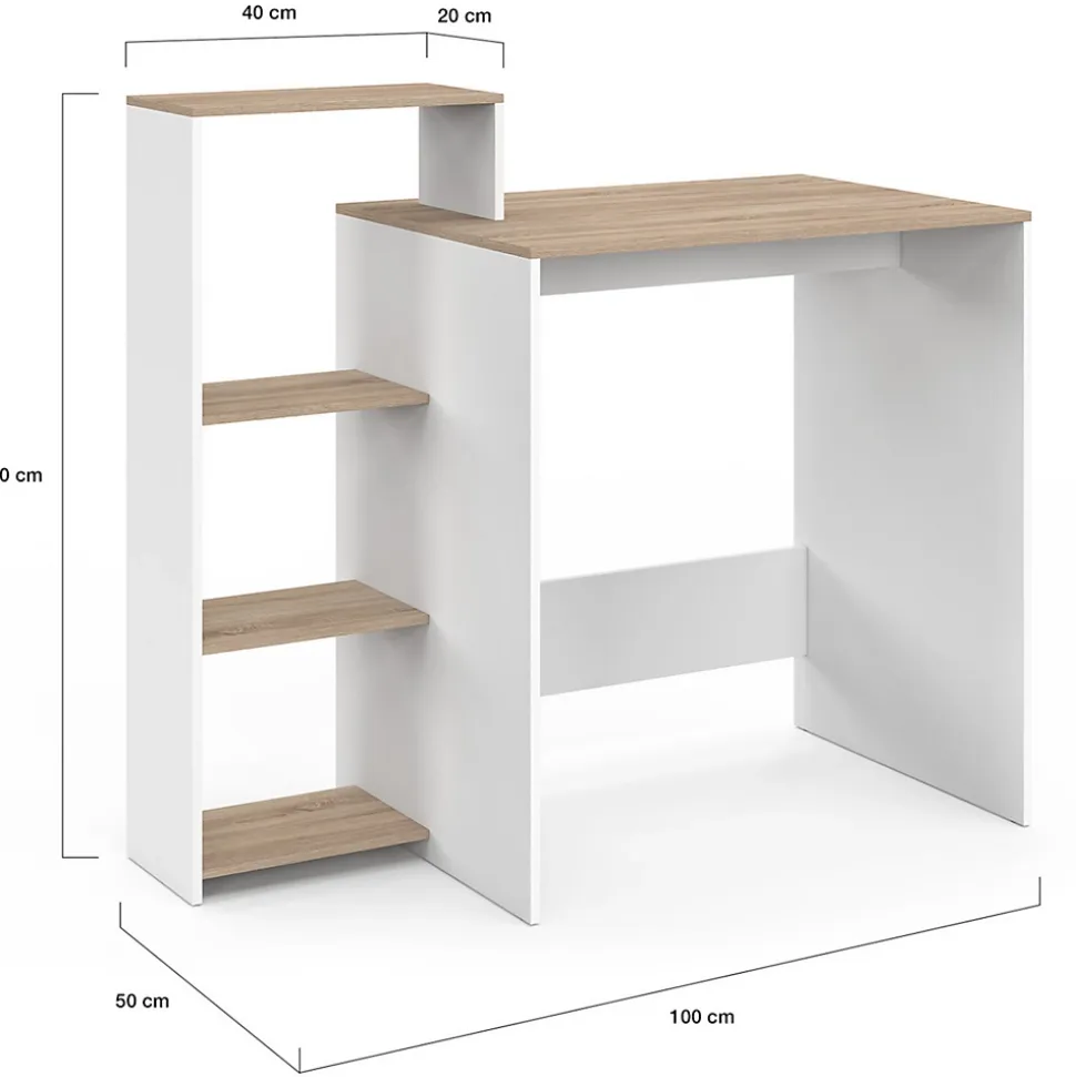 Bureau avec étagères modulables latérales LILIAN bois façon hêtre et blanc