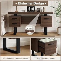 Bureau avec Tiroir pour Dossiers, Plateau Anti-Éclaboussures et Tablette Latérale, MDF+Métal, 135x54x76 cm, Brun