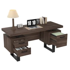 Bureau avec Tiroir pour Dossiers, Plateau Anti-Éclaboussures et Tablette Latérale, MDF+Métal, 135x54x76 cm, Brun