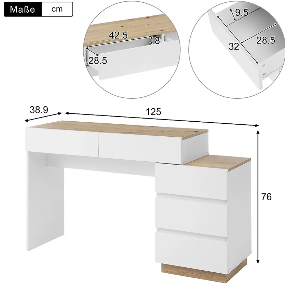 Bureau avec Tiroirs - Bureau avec Coiffeuse et Rangements, Bois, Blanc et Bois Clair - 125x38,9x76 cm