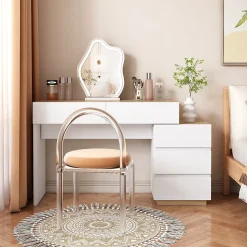 Bureau avec Tiroirs - Bureau avec Coiffeuse et Rangements, Bois, Blanc et Bois Clair - 125x38,9x76 cm