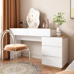 Bureau avec Tiroirs - Bureau avec Coiffeuse et Rangements, Bois, Blanc et Bois Clair - 125x38,9x76 cm