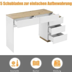 Bureau avec Tiroirs - Bureau avec Coiffeuse et Rangements, Bois, Blanc et Bois Clair - 125x38,9x76 cm