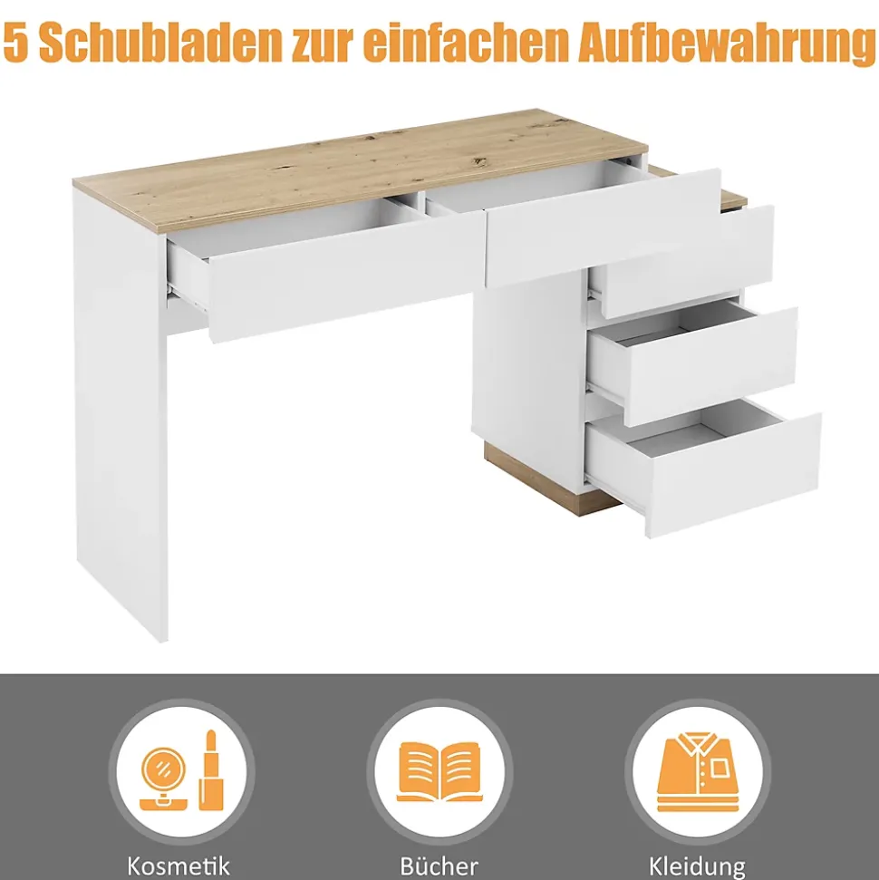 Bureau avec Tiroirs - Bureau avec Coiffeuse et Rangements, Bois, Blanc et Bois Clair - 125x38,9x76 cm