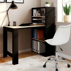 Bureau bibliothèque BEN avec étagères noir et façon hêtre