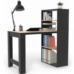 Bureau bibliothèque BEN avec étagères noir et façon hêtre