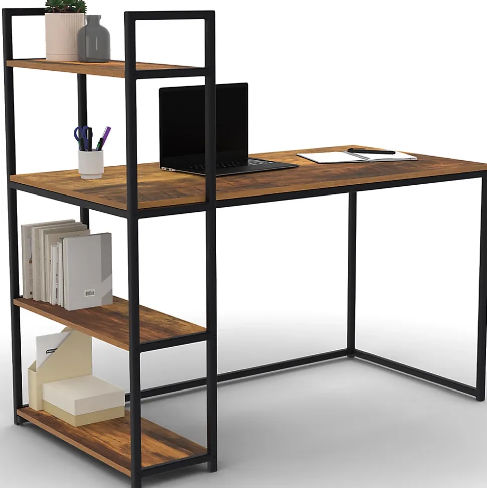 Bureau bibliothèque HAWKINS plateau bois foncé design industriel