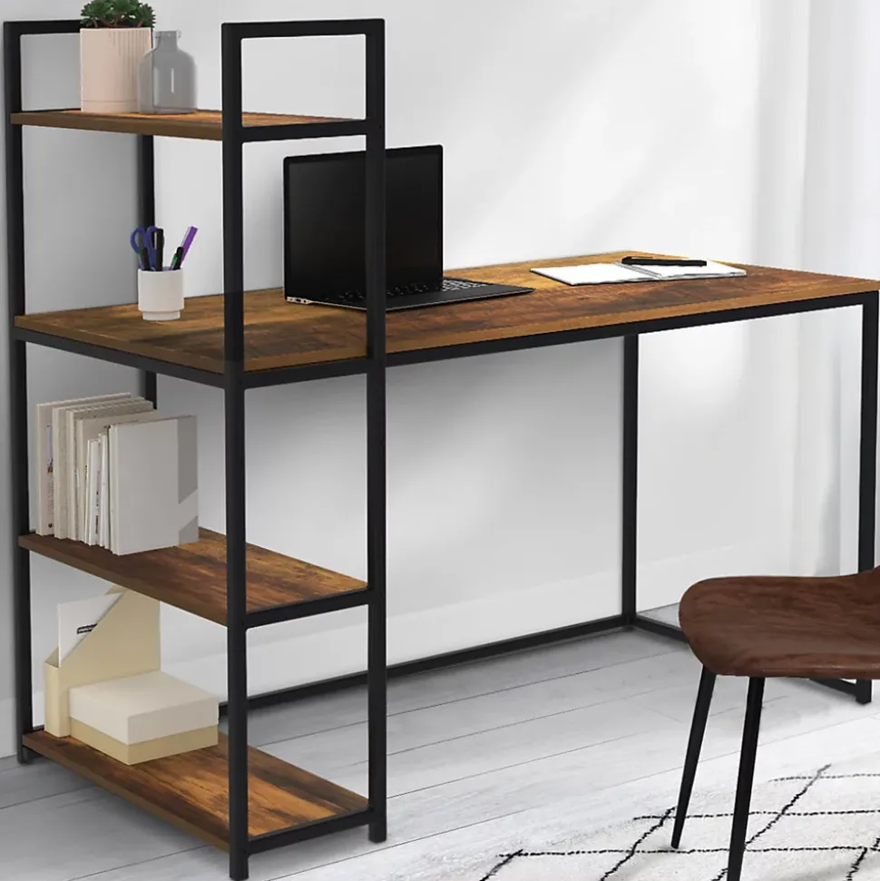 Bureau bibliothèque HAWKINS plateau bois foncé design industriel