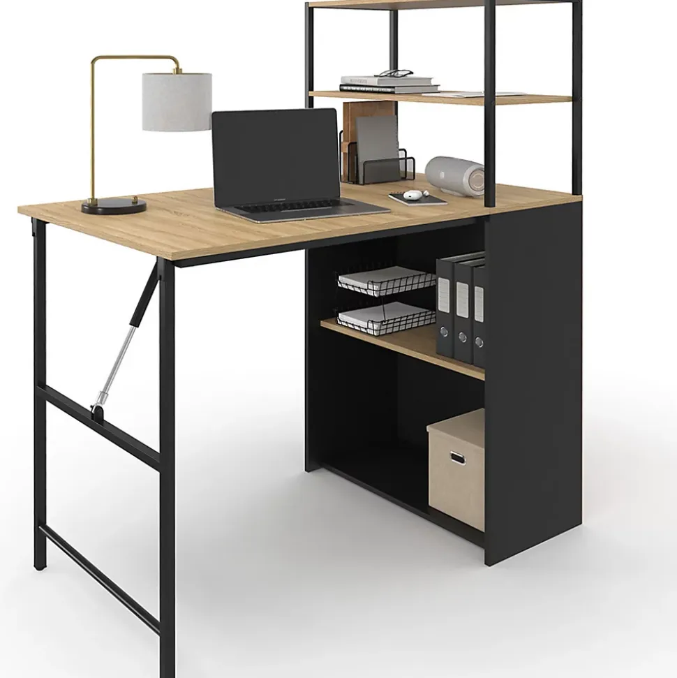 Bureau bibliothèque pliable RAY plateau rabattable bois façon hêtre et noir