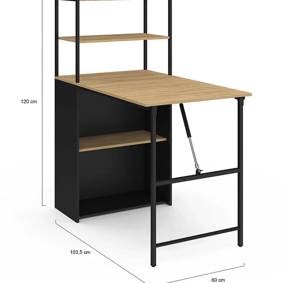 Bureau bibliothèque pliable RAY plateau rabattable bois façon hêtre et noir