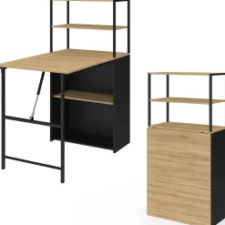Bureau bibliothèque pliable RAY plateau rabattable bois façon hêtre et noir