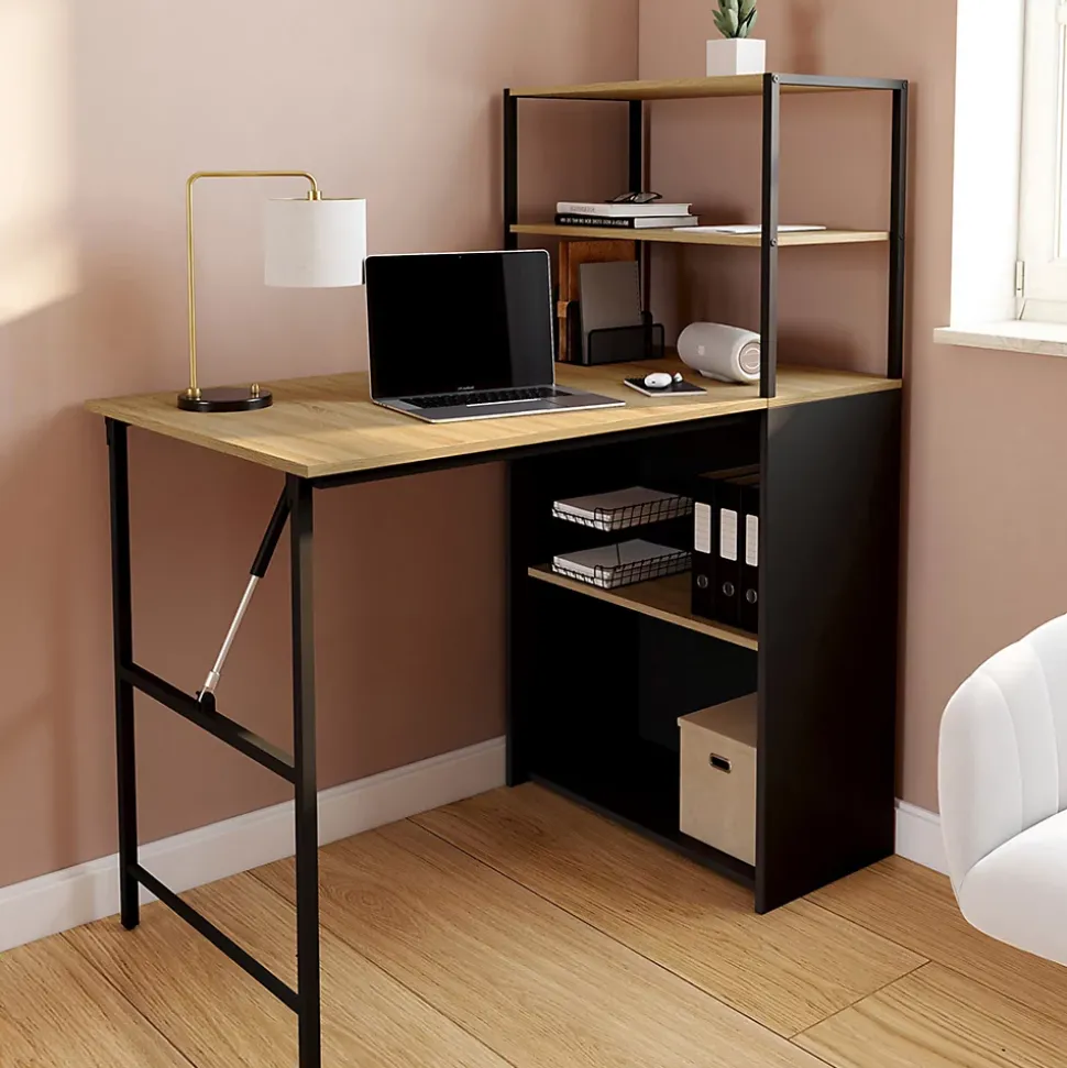 Bureau bibliothèque pliable RAY plateau rabattable bois façon hêtre et noir
