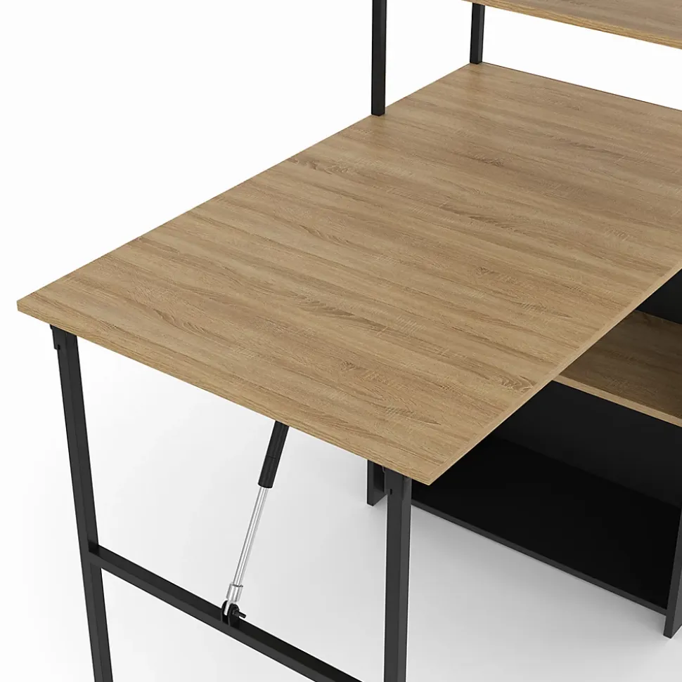 Bureau bibliothèque pliable RAY plateau rabattable bois façon hêtre et noir