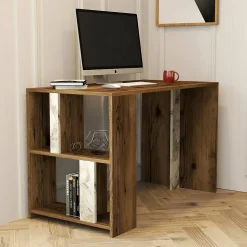 Bureau Bising, Pupitre polyvalent, Table de bureau pour PC, Plan de travail, 120x60h75 cm, Noyer et Marbre Blanc