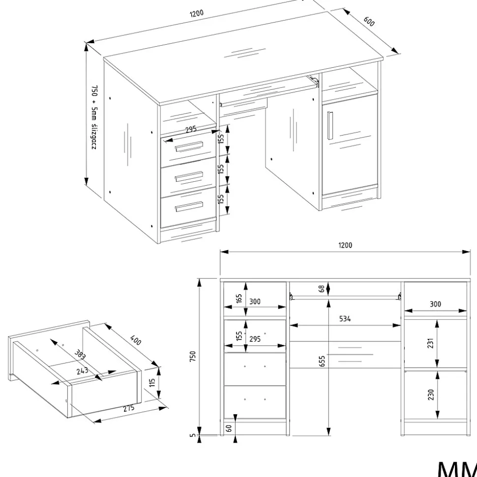 Bureau, blanc, 120 x 75 x 60 cm
