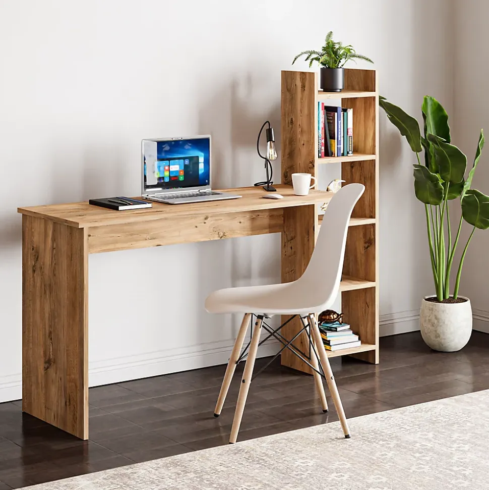 Bureau Chagtuniejle avec étagère 150 x 45 x 120 cm effet bois en.casa