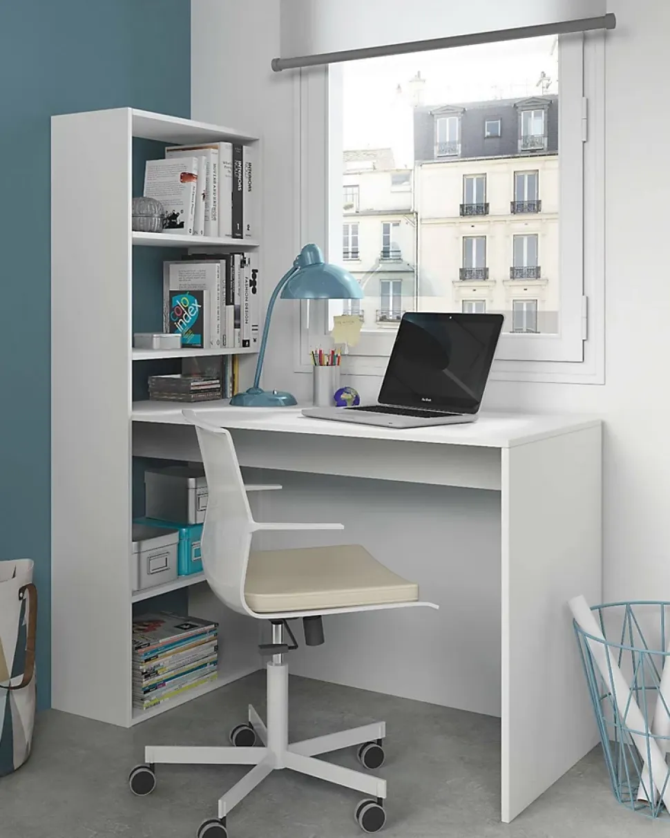 Bureau Dacarte, Bureau multifonction réversible avec bibliothèque 5 étagères, Table d'étude, 120x53h144 cm, Blanc