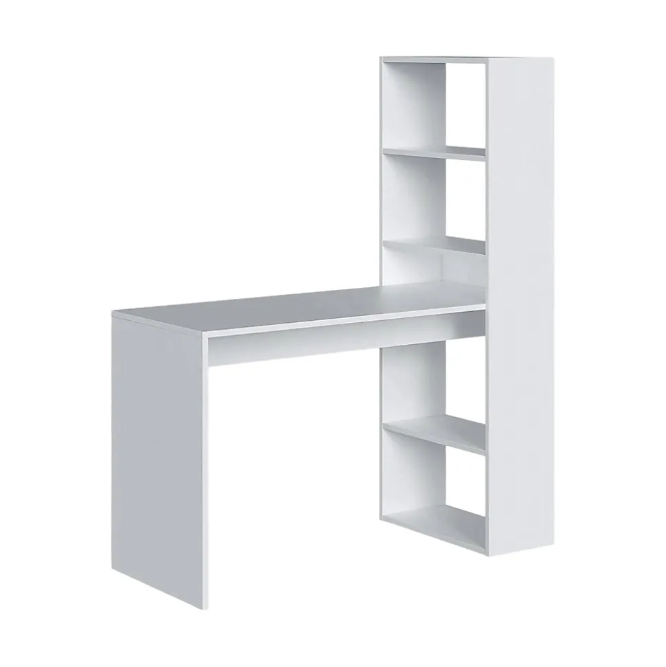 Bureau Dacarte, Bureau multifonction réversible avec bibliothèque 5 étagères, Table d'étude, 120x53h144 cm, Blanc