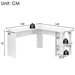 Bureau d'angle 140 cm - Bureau en L avec 2 étagères intégrées, design fonctionnel pour gain de place, MDF - Blanc