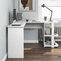 Bureau d'angle 140 cm - Bureau en L avec 2 étagères intégrées, design fonctionnel pour gain de place, MDF - Blanc